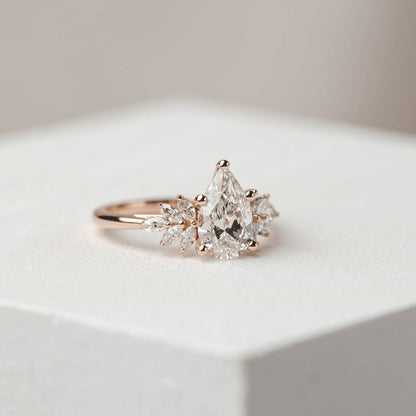 2 CT Pear Shaped Moissanite Engagement Ring In Cluster Design