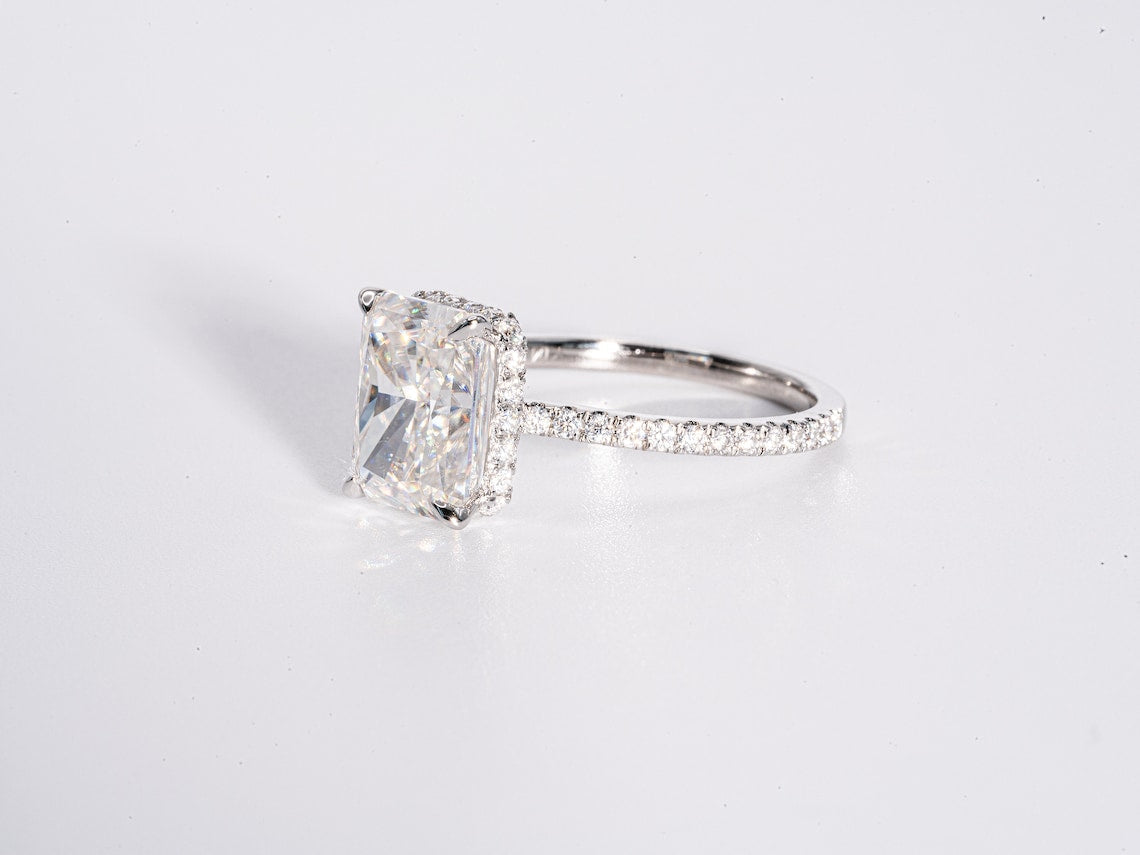 4.0 CT Radiant Moissanite Hidden Halo Engagement Ring With Pave Setting - farrellouise