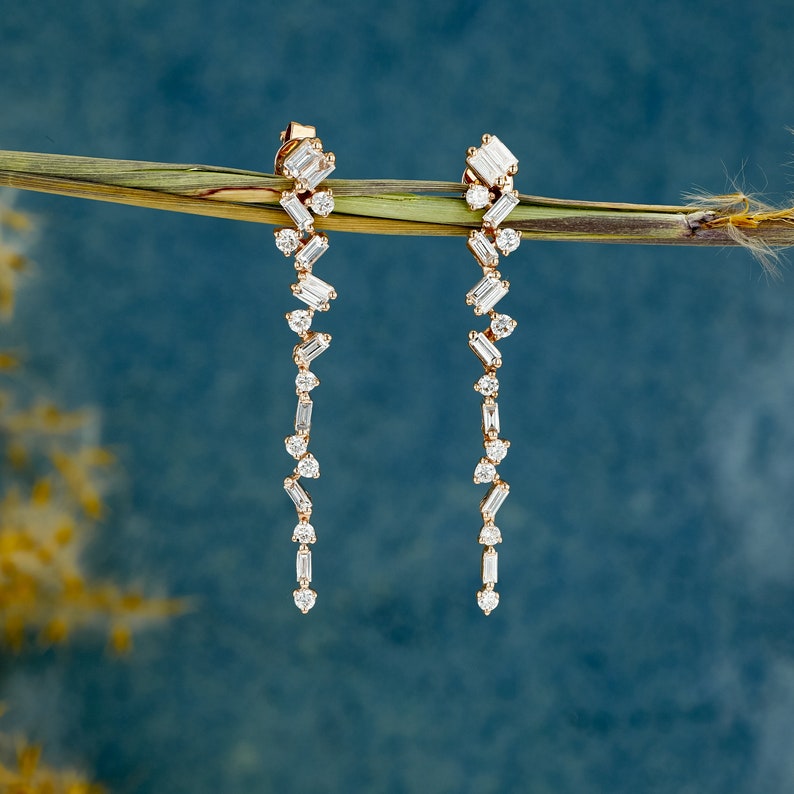 0.77 TCW Baguette and Round Cut Moissanite Dangle Earrings