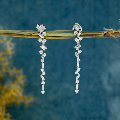 0.77 TCW Baguette and Round Cut Moissanite Dangle Earrings