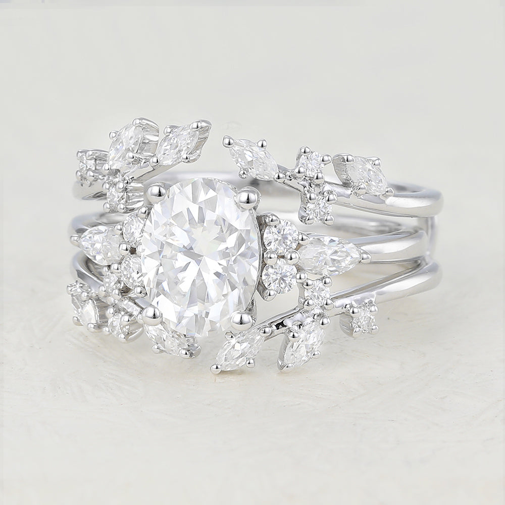 1.33 CT Oval Moissanite Vintage Cluster Bridal Ring Set 5