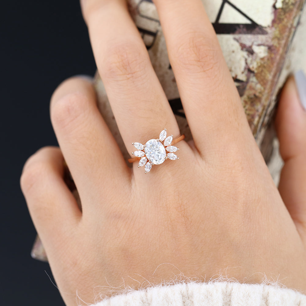 1.33 CT Oval Shaped Moissanite Cluster Engagement Ring 2