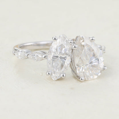 0.90 CT  Marquise & 1.93 CT Pear Shaped Moissanite Two Stone Engagement Ring 3