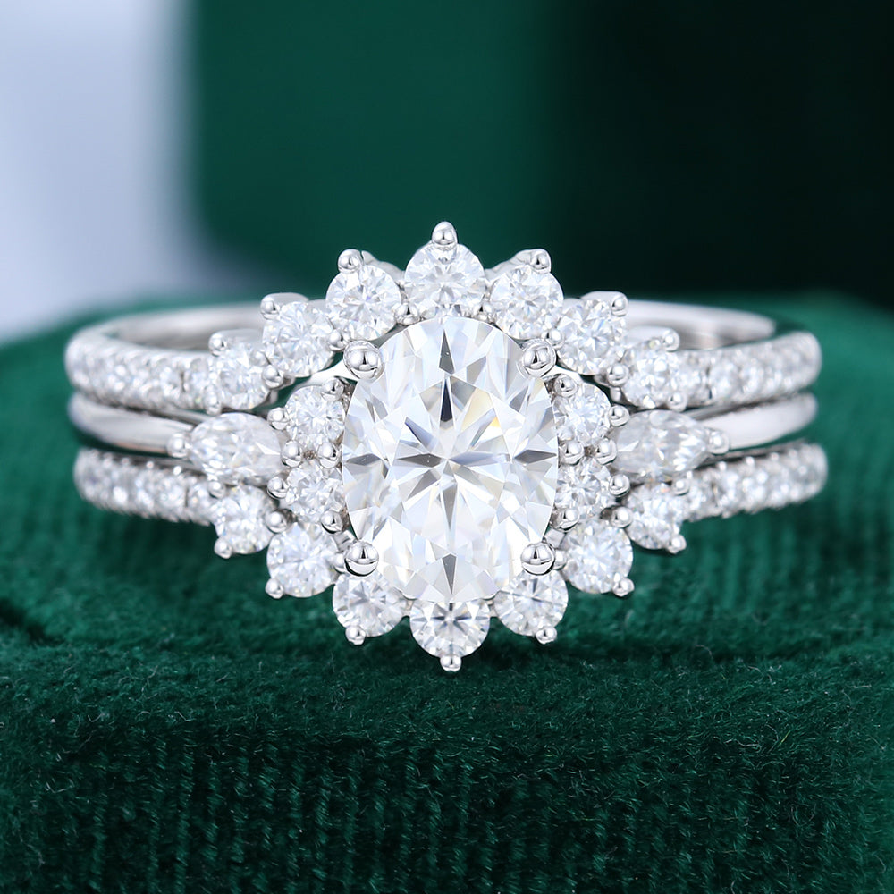 1.33 CT Oval Moissanite Cluster Bridal Ring Set 1