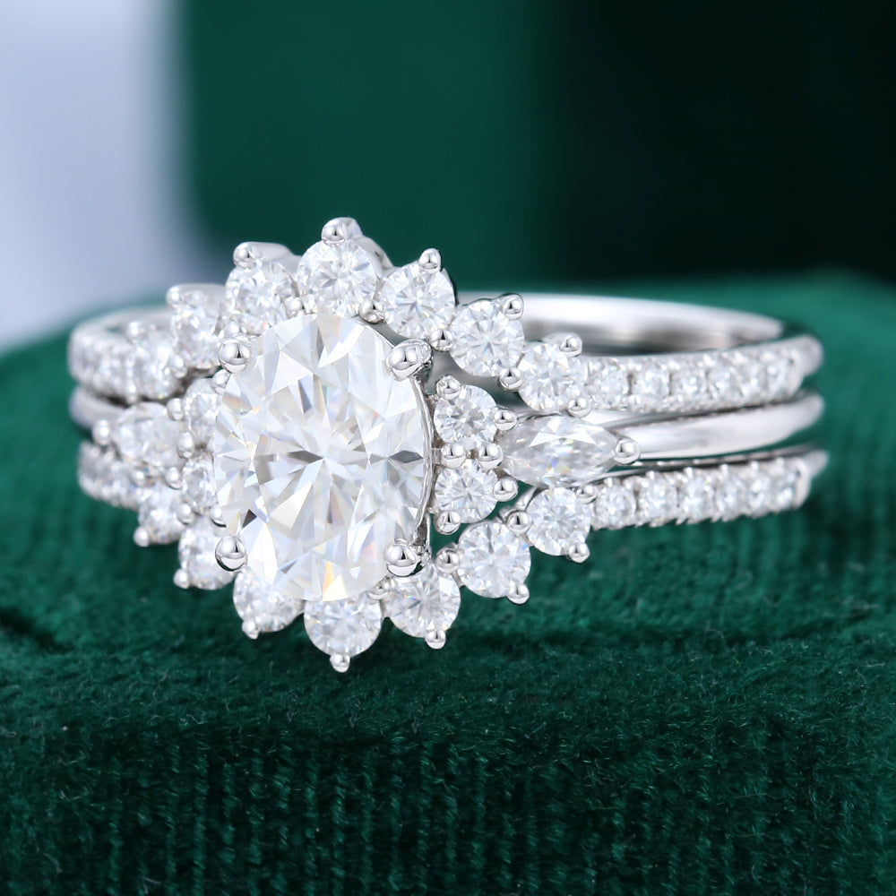 1.33 CT Oval Moissanite Cluster Bridal Ring Set 4