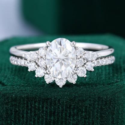 1.33 CT Oval Moissanite Cluster Bridal Ring Set 1