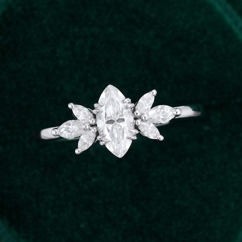 0.47 CT Marquise Shaped Moissanite Cluster Engagement Ring 5