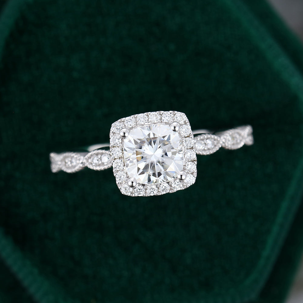 0.96 CT Cushion Shaped Moissanite Halo Engagement Ring 5