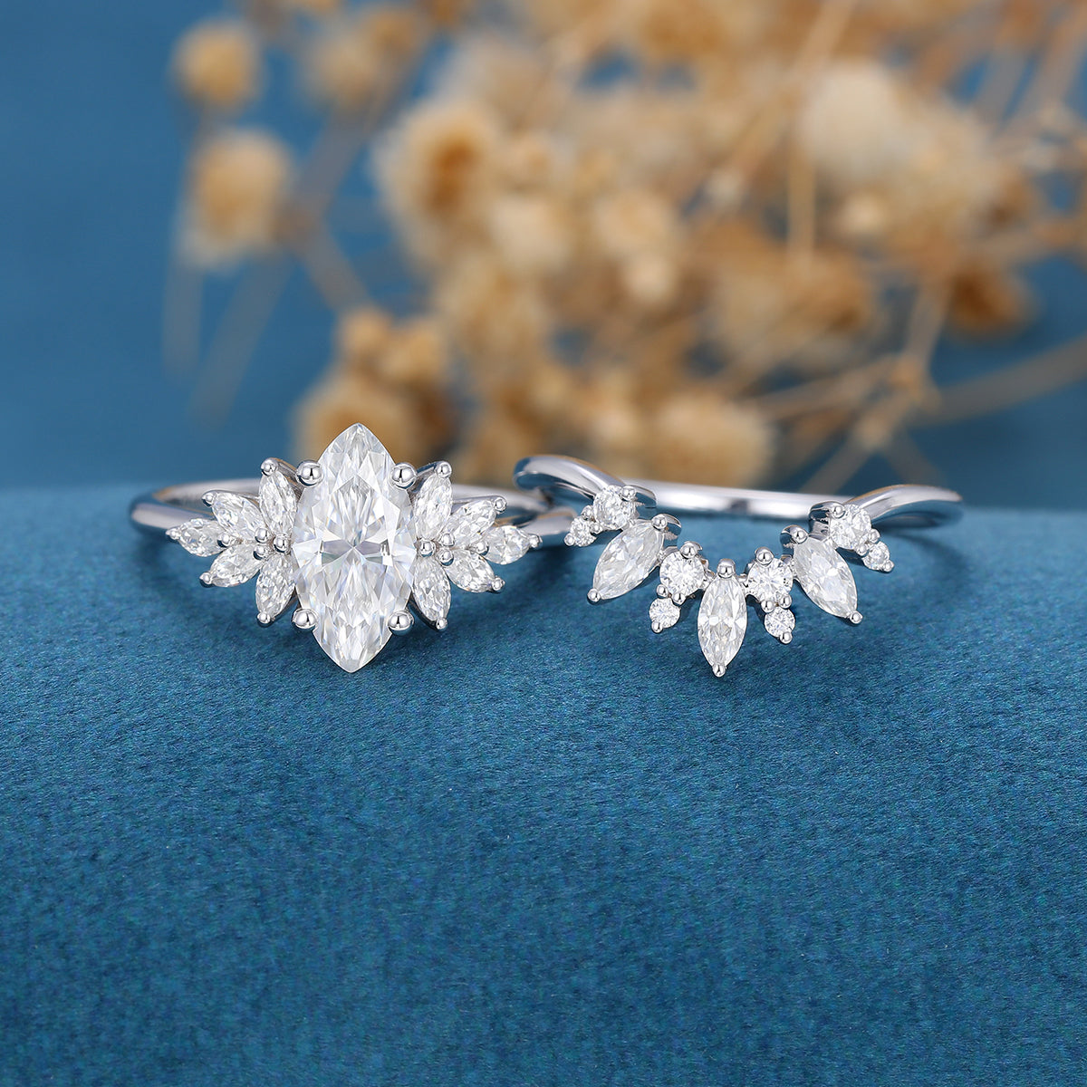 0.90 CT Marquise Shaped Moissanite Cluster Bridal Set 4