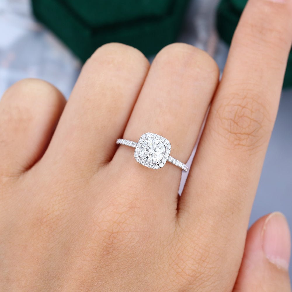 0.96 CT Cushion Shaped Moissanite Halo Engagement Ring 2