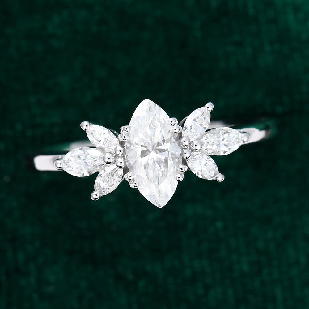 0.47 CT Marquise Shaped Moissanite Cluster Engagement Ring 5