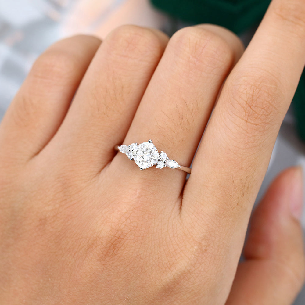 0.96 CT Cushion Shaped Moissanite Cluster Engagement Ring 2