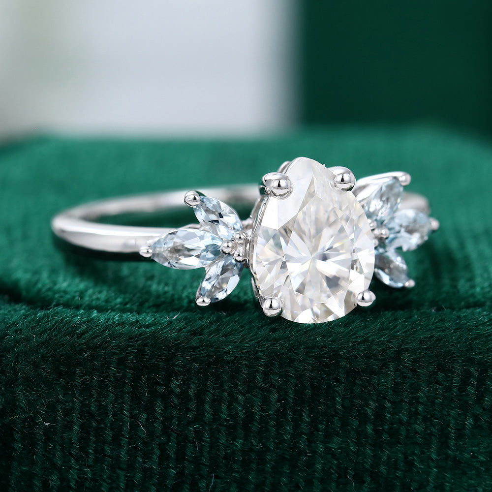 1.0 CT Pear Shaped Moissanite Cluster Engagement Ring 3