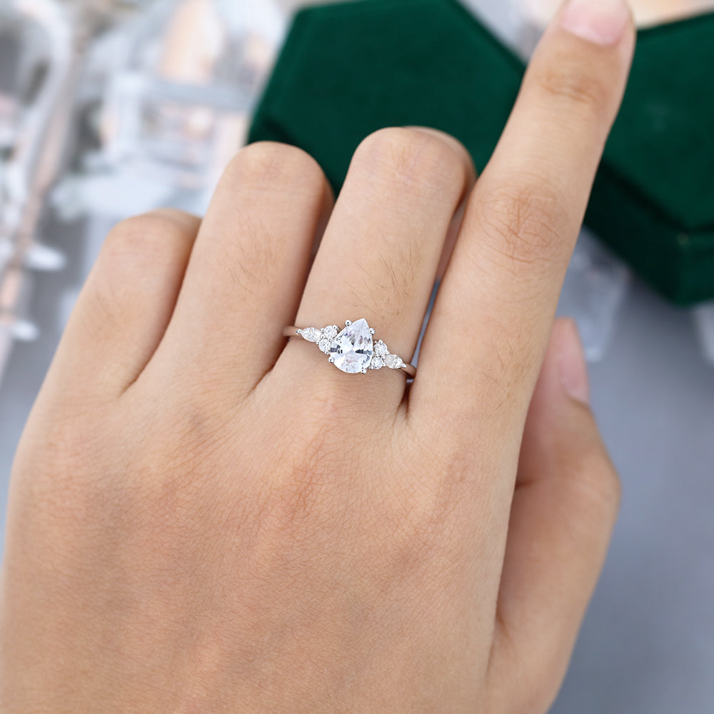 1.0 CT Pear Shaped Moissanite Cluster Engagement Ring 2