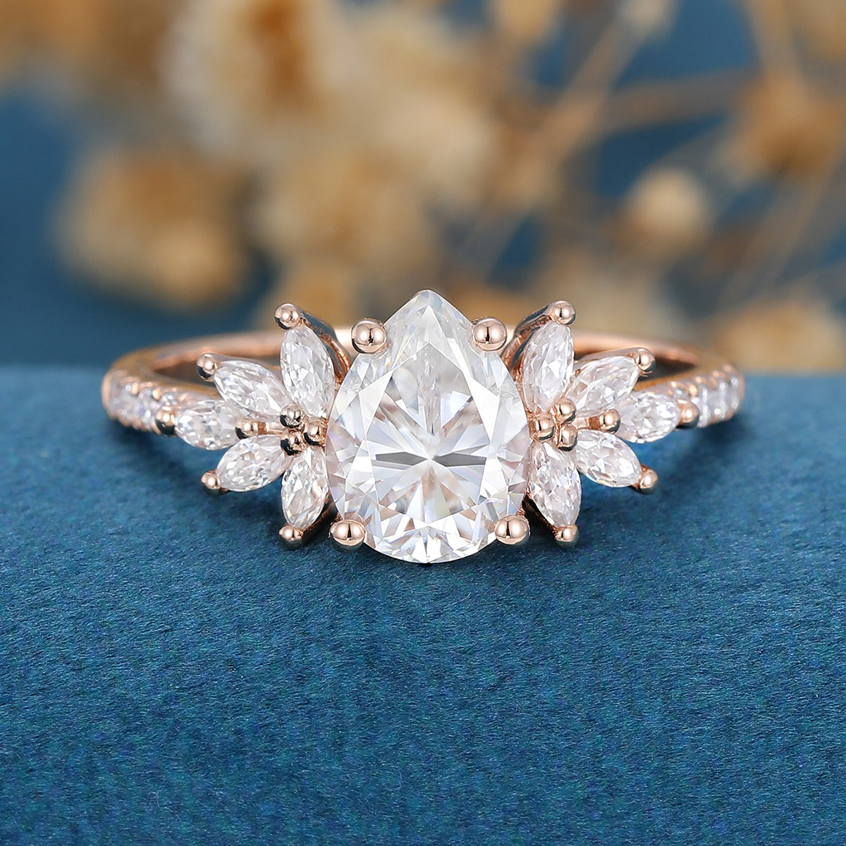 1.0 CT Pear Shaped Moissanite Cluster Engagement Ring 1