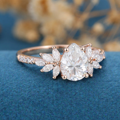 1.0 CT Pear Shaped Moissanite Cluster Engagement Ring 3