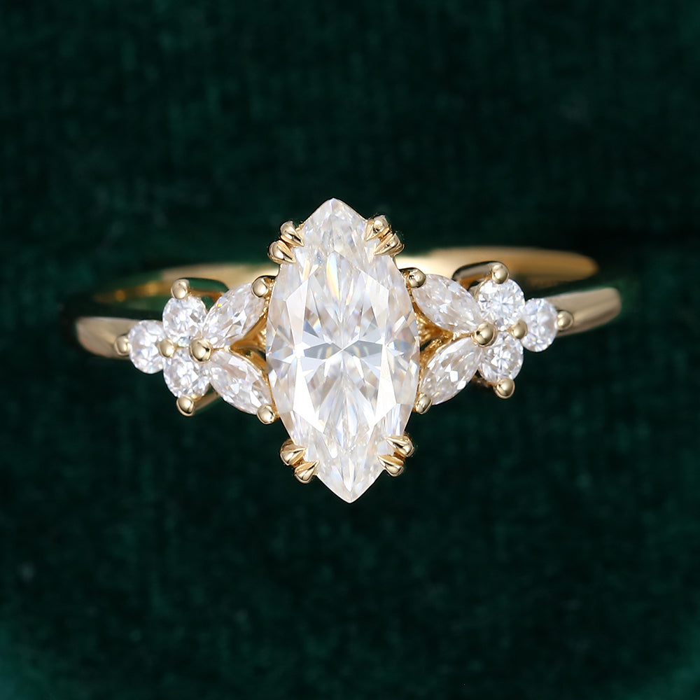 0.90 CT Marquise Shaped Moissanite Cluster Engagement Ring 4