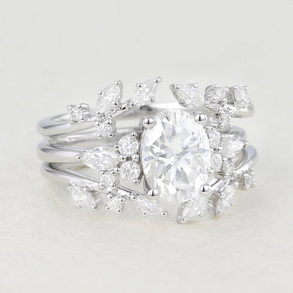 1.33 CT Oval Moissanite Vintage Cluster Bridal Ring Set 4