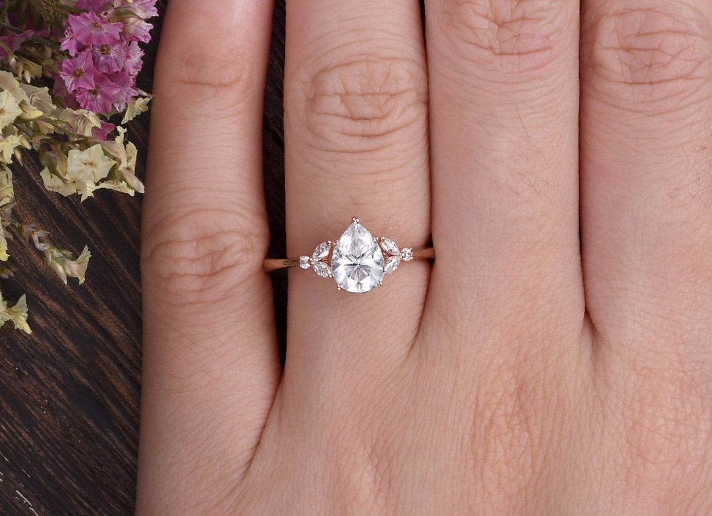 0.75 CT Pear Cluster Moissanite Engagement Ring 2